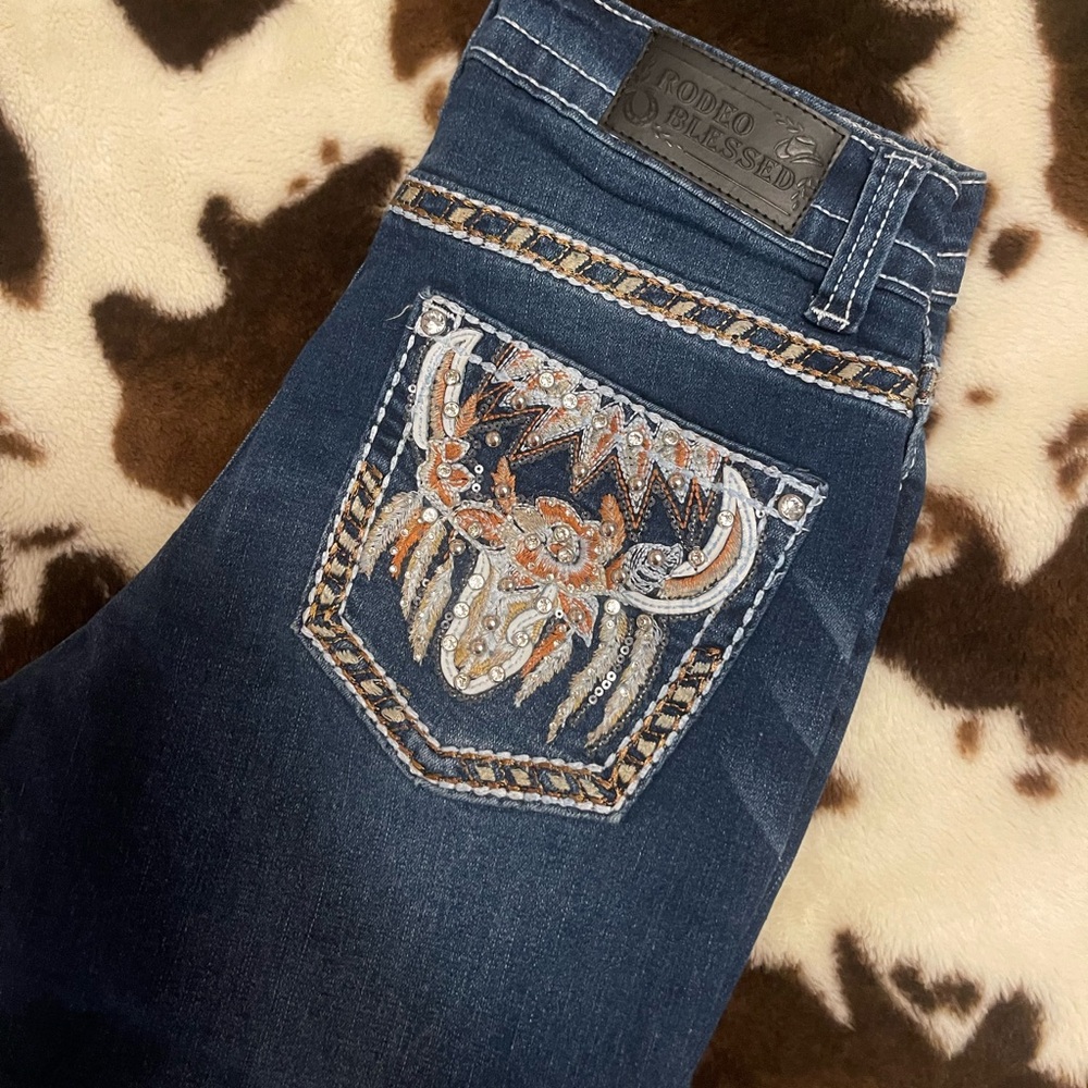 Blue Boot Cut Jeans with Intricate Embroidery